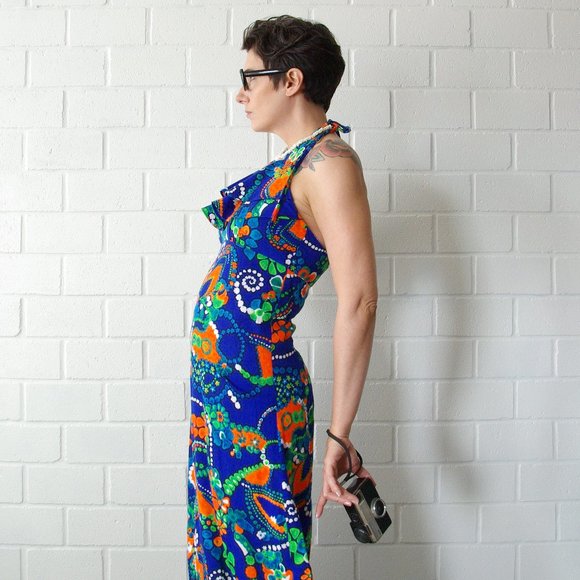 Blue Hawaiian Flounced 70s Halter Maxi Dress - Picture 8 of 15